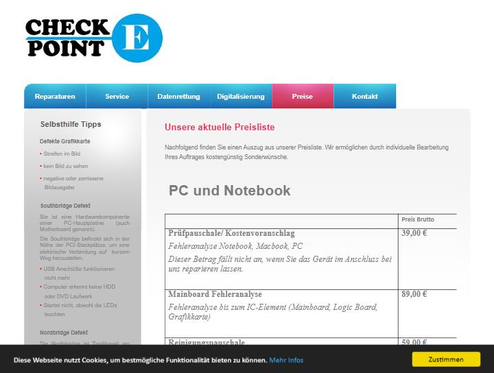 Screenshot der alten Preisliste